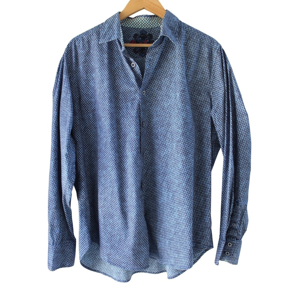 Robert Graham Button up Shirt Men XL Blue Geometric pattern Long Sleeve Stretch - Picture 2 of 11